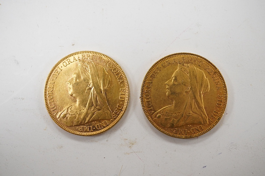 Australia gold coins, Victoria, two gold sovereigns, veiled head, 1899M, VF and 1900M, good VF